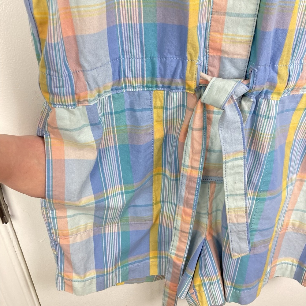 GAP NWT Women's Short Sleeve Plaid Romper 100% Cotton Tie Belt Pastel Geo sz 10 - Picture 4 of 11